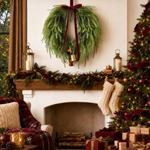 24” Christmas Wreaths for Front Door, Norfolk Pine Wreath Bow Bells - Image 5