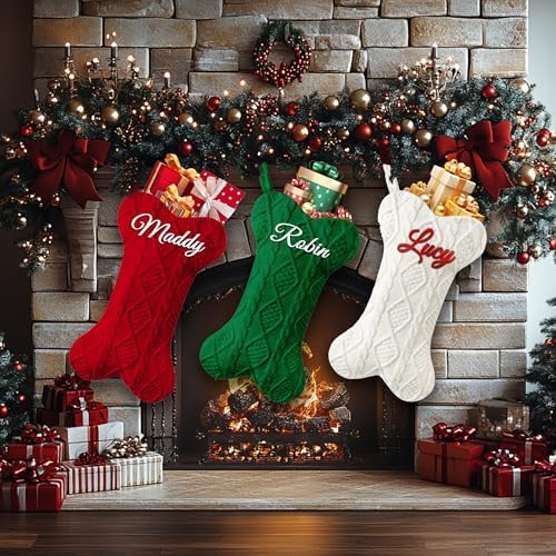 Personalized Dog Christmas Stockings 6 Pack, Custom Name Knitted Christmas Stockings, 16.9” Large Xmas Stocking for Dogs Cats Pets, Bone Shape Fireplace Hanging Holiday Xmas Party Decoration - Image 2