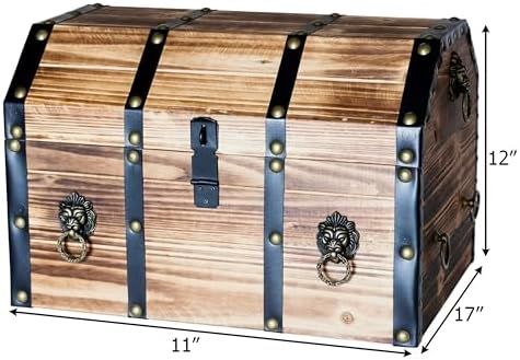 Vintiquewise Wooden Treasure Chest Trunk Vintage-Style Storage Box with Leather Straps Brass Rivets Lion Head Ornaments & Latch Closure Decorative Accent and Functional Organizer for Home Décor, Large - Image 4