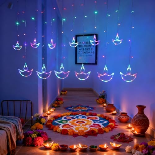KYMY Happy Diwali Curtain String Lights, Battery Operated Deepavali Rangoli Window String Night Lights, Lotus Diyas Shaped Lamps Decorations for Wedding Wall Window Fence Bedroom Indoor Outdoor - Image 5