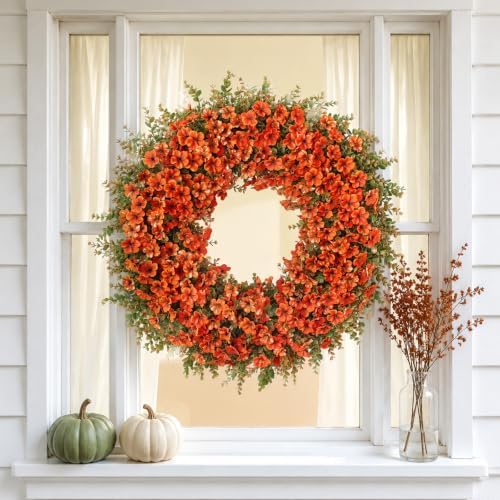 32" Large Artificial Silk Flower Eucalyptus Wreath for Outdoor(Fall Orange) - Image 4