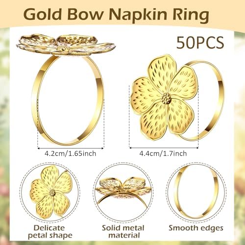 Bokon 50 Pcs Gold Napkin Rings Metal Napkin Holders Bulk, Flower - Image 2