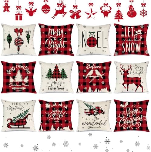 Ganeen 12 Pcs Christmas Pillow Covers Red and Black Buffalo Plaid 18 x 18'' Merry Christmas Throw Pillow Covers Farmhouse Cushion Pillow Case for Home Winter Holiday Couch Decor by Ganeen