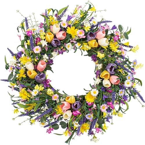 LLZLL Spring Wreath 22 inch Indoor Summer Wreaths Artificial Spring Wreaths for Front Door, Tulip Wreath with Daisy and Lavender for Home Holiday Decor by LLZLL