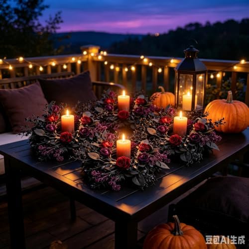 6 Pcs Gothic Black Rose Halloween Mini Candle Ring Wreaths Burgundy Red Dark Purple Rose with Black Foliage Twig Artificial Pillar Candle Holder Wreath for Spooky Dark Romantic Cabinet Table Porch - Image 2