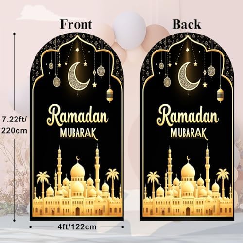 7.2FT Arch Backdrop Cover Black Gold Eid Ramadan Mubarak Photography Holiday Welcome Crescent Wedding Arch Cover Spandex Fitted Stretchy Backdrop Stand Covers for Birthday Party Wedding Decoration - Image 3
