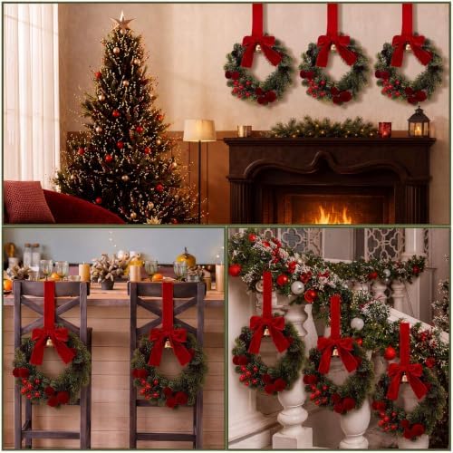 6 Pack Small Christmas Velvet Cabinets Wreaths with Ribbon Bell - Image 3