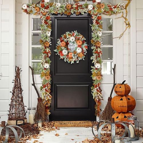 Fall Wreaths for Front Door, 22 Inch Autumn Maples Leaf Pumpkin Berry Wreath with Hello Fall sign, Fall Decorations for Thanksgiving Halloween Farmhouse Harvest Home Outdoor Indoor Window Wall - Image 6
