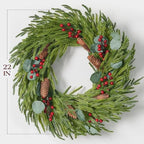 Christmas Decorations, 22 Inch Norfolk Pine Wreath with Pine Cones, Berries - Image 3