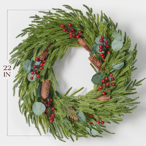 Christmas Decorations, 22 Inch Norfolk Pine Wreath with Pine Cones, Berries - Image 3