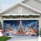Christmas Garage Door Banner for Outdoor Decorations – Cartoon Christmas Tree with Gifts, Snow Village Background, Holiday Winter Wonderland Scene – Large Garage Mural Cover for Home Xmas Decor - Image 5