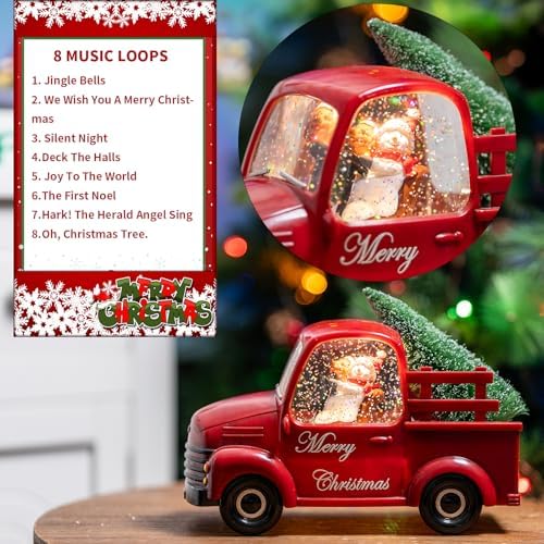 Snowman Christmas Snow Globes Red Truck Carrying Christmas Tree Water Lantern, 8 Christmas Music, Holiday Decorations Gifts for Family, Children or Friends - Image 4