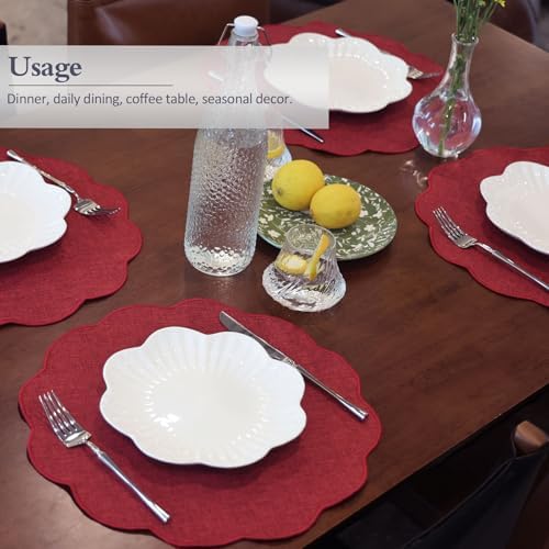 AHHFSMEI Round Faux Linen Placemats Set of 8 Heat Resistant Non-Slip Stain Proof Table Mats for Kitchen Dining Elegant Decor Place Mats (Burgendy red,8) - Image 4