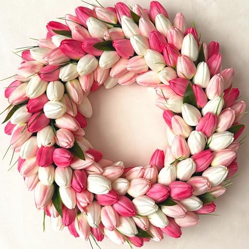 Tulip Wreath for Front Door, 20 Inch Tulip Spring Summer Wreath with Green Leaves, Artificial Floral Door Wreath for All Seasons Wall Window Valentine Easter Home Decor (Pink) by EZsenses