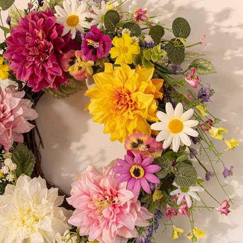 FloralElegance Summer Flower Wreath 22 Inch Floral Wreaths for Front Door Artificial Spring Summer Wreath with Colorful Flowers for Springtime Easter Holidays Wall Porch - Image 4