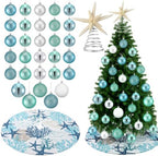 Gejoy 32 Pcs Christmas Tree Decoration Set Include Coastal Christmas Tree Bow Topper Starfish Bow Wreath Xmas Trees Skirt 30 Pcs 3 Sizes Blue and Silver Hanging Xmas Ball Ornaments for Home Decor by Unknown