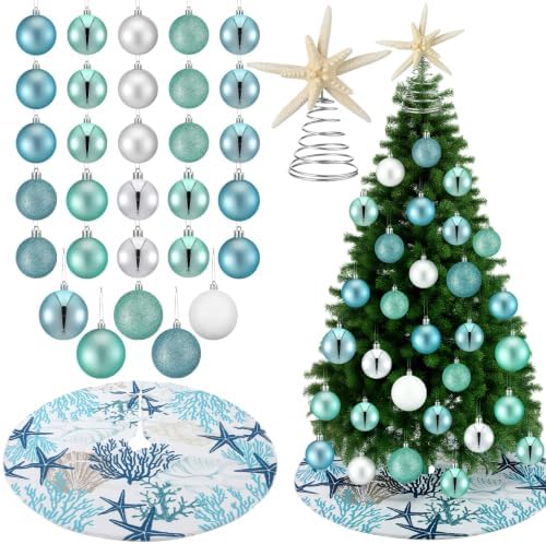 Gejoy 32 Pcs Christmas Tree Decoration Set Include Coastal Christmas Tree Bow Topper Starfish Bow Wreath Xmas Trees Skirt 30 Pcs 3 Sizes Blue and Silver Hanging Xmas Ball Ornaments for Home Decor by Unknown