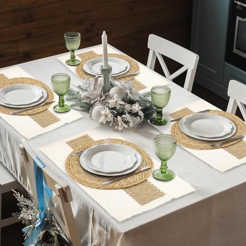 Kochorie 12 Set Handmade Boho Placemats Natural Cotton Burlap Table Mats, 12 Rectangle with Tassel & 12 Round Bulrush Placemats Farmhouse Weave Place Mats for Rustic Dining Table Kitchen Decor - Image 5