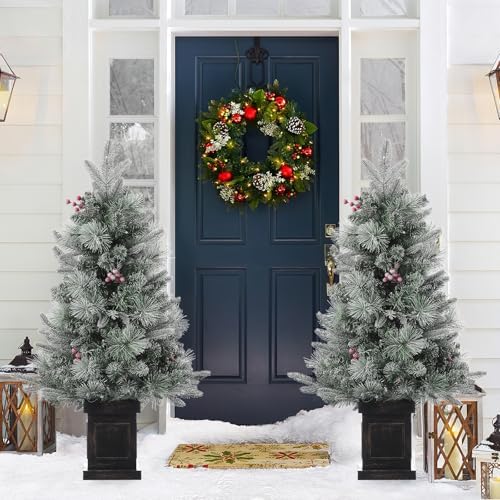 3FT Prelit Snow Flocked Christmas Tree with Prelit Premium 70 LED 8 Mode Battery Powered Mini Small Xmas Tree for Christmas Decoration Gift,Home,Office,Outdoor,Indoor with Classic Black Base-2PCS - Image 2