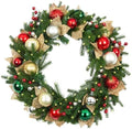 Hykolity 32 Inch Pre-Lit Christmas Wreath with 60 Warm White LED Lights and Timer, Battery Operated Artificial PE & PVC Wreath with Multicolor Ornaments and Glittered Gold Leaves for Front Door by hykolity