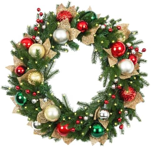 Hykolity 32 Inch Pre-Lit Christmas Wreath with 60 Warm White LED Lights and Timer, Battery Operated Artificial PE & PVC Wreath with Multicolor Ornaments and Glittered Gold Leaves for Front Door by hykolity