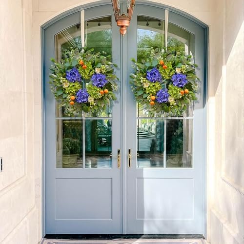 Spring Wreaths for Front Door 24 Inch, Summer Wreath Outdoor，Silk Hydrangea Wreath with White Blossoms & Mini Mandarins, Rustic Farmhouse Indoor & Outdoor Seasonal Wreath, Spring&Summer Home Decor - Image 4