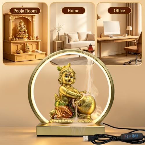 Lord Baby Krishna Murti W/ USB LED Diwali Light & Backflow Incense Burner - Image 5