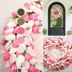 Tulip Wreath for Front Door, 20 Inch Tulip Spring Summer Wreath with Green Leaves, Artificial Floral Door Wreath for All Seasons Wall Window Valentine Easter Home Decor (Pink) - Image 4