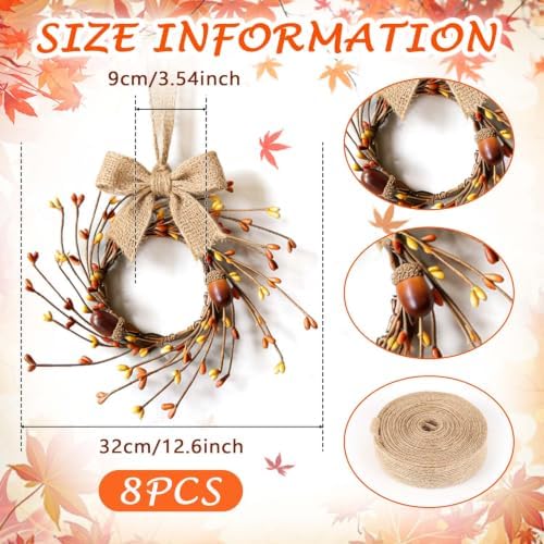 8 Pcs Small Fall Hanging Wreaths with Artificial Acorns Autumn Yellow Orange Berry Buds Mini Cabinet Wreath for Home Table Centerpieces Kitchen Farmhouse Thanksgiving Party Decor - Image 2