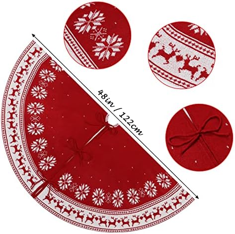 Dremisland Christmas Tree Skirt Rustic Knit Christmas Tree Mat 48In Red - Image 3