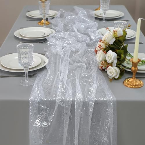 Snowkingdom 6 Pcs 10 FT Silver White Cheesecloth Table Runner Sheer Chiffon Gauze Runner, Sequin Glitter Silver Table Decoration Centerpieces for Wedding Birthday Christmas Bridal Baby Shower by Snowkingdom