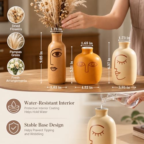 TBWIND Abstract Face Ceramic Vases Set of 3, Modern Boho Flower Vase - Image 2