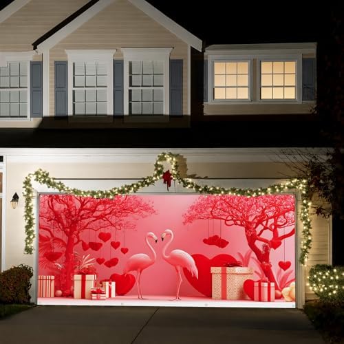 Happy Valentine's Day Garage Door Banner Cover, 6x13 ft Pink Flamingos Sweet Scene, Large Outdoor Holiday Decoration (Red Flamingos) - Image 2
