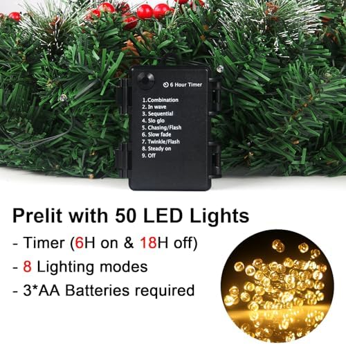 24in Prelit Christmas Wreath for Front Door Christmas Decorations- Timer 8 Light Modes- Battery Operated Lighted Christmas Door Wreath Pre-Decorated with 50 Lights Pinecone Berries Bow Hanger - Image 2