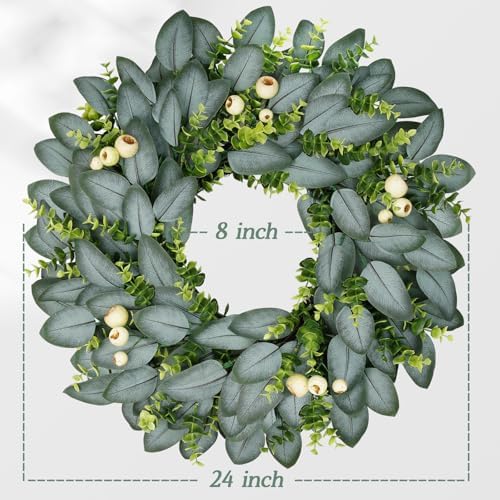 23 Inch Artificial Eucalyptus Wreaths for Front Door, Spring Boxwood Door Wreath with Berries, Summer Green Wreath for Wall Window Porch Farmhouse Wedding Decor All Year Round Indoor Outdoor - Image 2