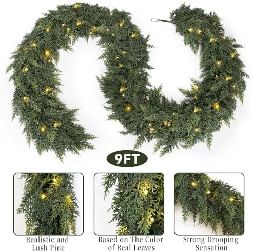 9FT Cedar Christmas Garland with Lights Realistic Prelit Pine Garland Decor - Image 2