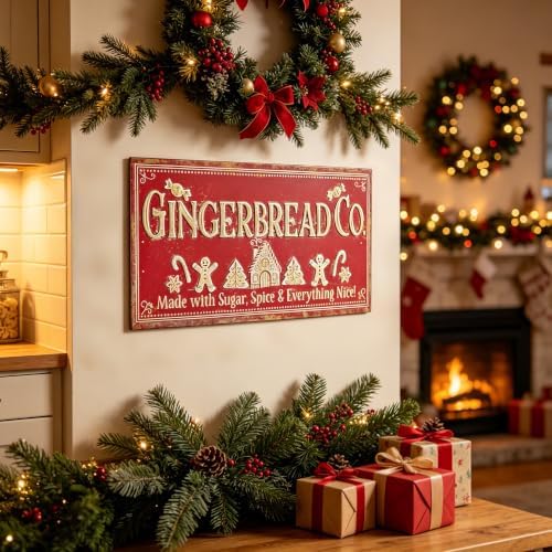 30" Vintage Metal Christmas Wall Sign - Gingerbread Co. Rustic Wall Mount Holiday Decor Distressed Wall Hanging Iron Painting Plaque Christmas Wall Art for Home Mantel Porch Bakery (Red#3) - Image 6