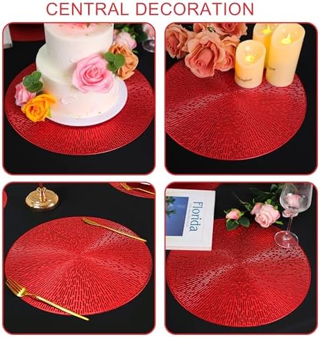 Snowkingdom Red Valentines Placemats Set of 18, Round Vinyl Hollow 15 Inch Metallic Place mats, Washable Wipeable Non Slip Stain Heat Resistant Dining Table Mats for Wedding Christmas Party Decoration - Image 4