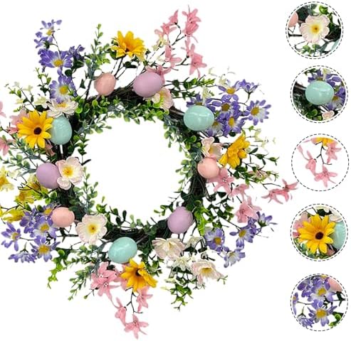18 Inch Spring Easter Wreath, Flacredyyy Artificial with Leaves Flowers and Eggs, Easter Eggs Wreath for Front Door Indoor Farmhouse Office Home Decor - Image 2