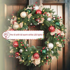 32 Inch Lighted Christmas Wreath with 60 Warm White LEDs and Timer, Battery Operated Pre-Lit Artificial Wreath with Christmas Ornaments and Gold Mesh Leaves for Front Door and Mantel - Image 6
