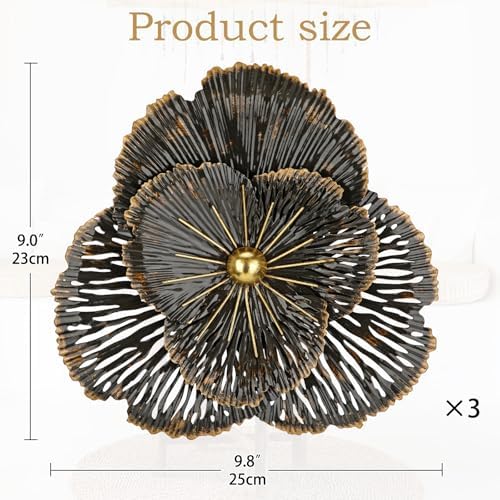 DILATATA 3 Pcs Metal Flower Wall Art Set 10 Inch Rustic Modern Floral Sculpture 3D Metal Flower Wall Hanging Accent for Indoor Living Room Bedroom Kitchen Bathroom Garden Patio Decor - Black - Image 2