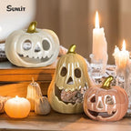 Sunlit Ceramic Pumpkin with 3 Tea Lights, Jack O Lantern Candle Holder Set of 3, Tabletop Indoor Halloween Decorations for Holiday Party Home, Pearl Finish - Image 6