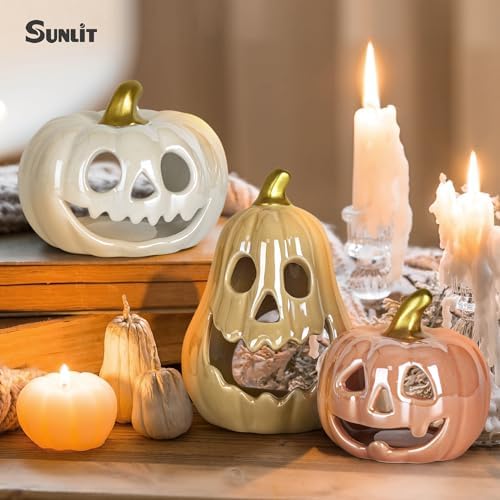 Sunlit Ceramic Pumpkin with 3 Tea Lights, Jack O Lantern Candle Holder Set of 3, Tabletop Indoor Halloween Decorations for Holiday Party Home, Pearl Finish - Image 6
