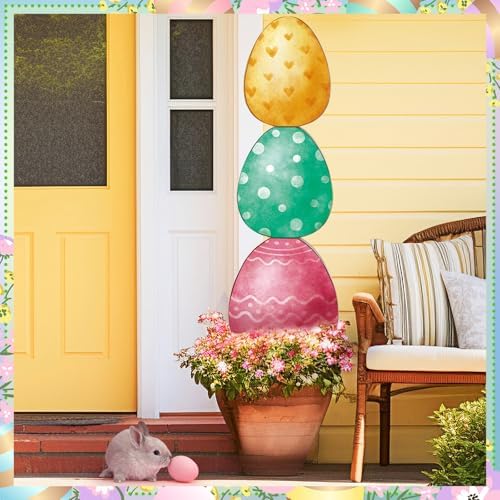 Yerliker 35 H Easter Egg Porch Decor Sign Easter Outdoor Decor Wooden Colorful Egg Standing Vertical Porch Sign for Front Door Indoor Outdoor Yard Garden Decor - Image 2