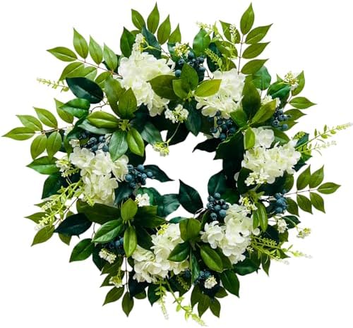 Svndlyn 22 Inch Lighted White Hydrangea Wreath with Timer, 2 Light Modes by Svndlyn