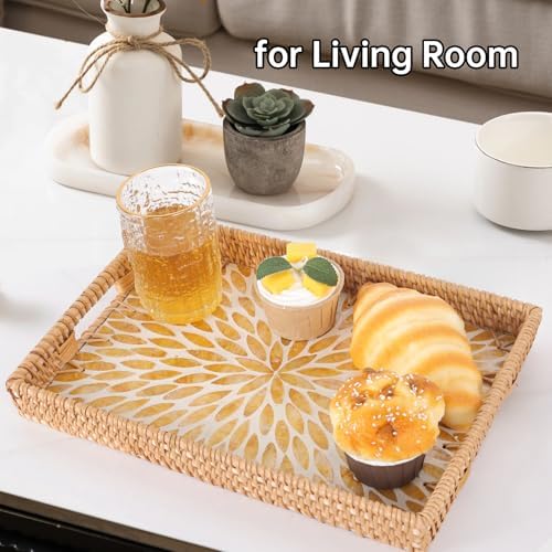 Rectangle Rattan Tray with Mother of Pearl Inlay, Rattan Serving Tray with Handle for Coffee, Bread, Fruits, Snacks, Decorative Wicker Tray for Table Decor (Rectangle Amber Leaf, 13"×9") - Image 5