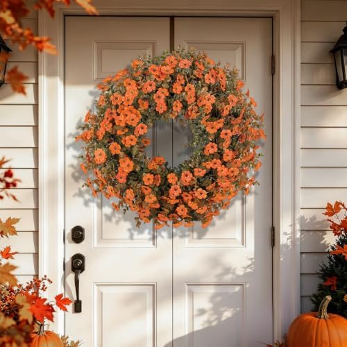 26 Inch Fall Wreath for Front Door, Autumn Harvest Wreaths with Eucalyptus Leaves, Orange Mums, Artificial Wreath for Indoor Outdoor Porch Home Thanksgiving Farmhouse Decorations - Image 6