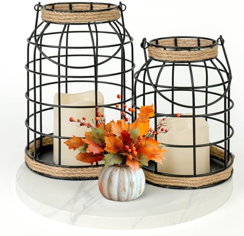 Rustic Farmhouse Decorative Lantern Set of 2, Boho Lanterns with LED Candles, Modern Farmhouse Indoor Outdoor Decor for Living Room Patio Porch Fireplace Kitchen Dining Table Centerpiece by Lumeavetra