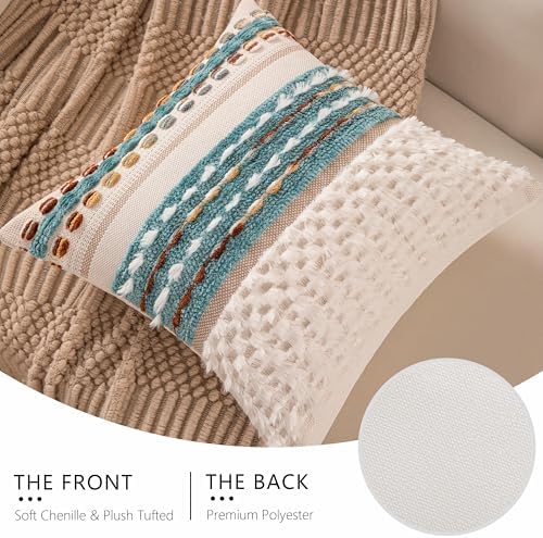 Boho Chenille Tufted Couch Throw Pillow Covers 18x18 Inch Set of 2 Farmhouse Striped Decorative Pillow Covers Accent Neutral Pillowcase Teal Cushion Cover for Living Room Sofa Bed - Image 4