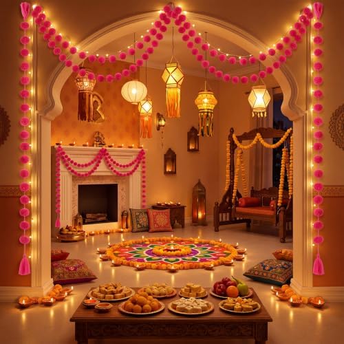 Yalikop 10 Pcs Pom Pom Garland 5 ft Diwali Party, Rose Red - Image 6